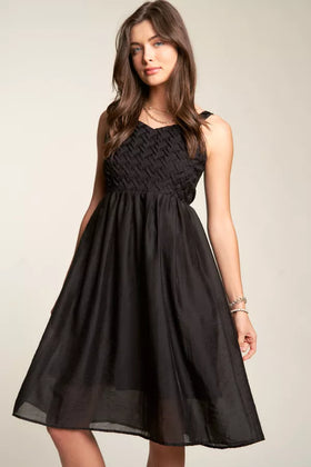SOLID SEE THROUGH LAYERED FLARED TIE BACK DRESS