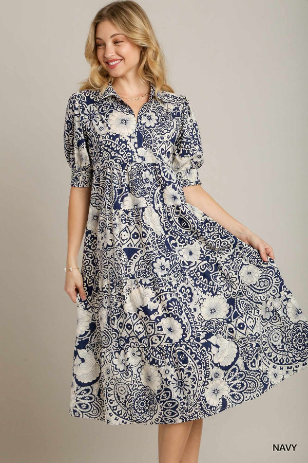 PAISLEY PRINT V NEVK COLLARED TIERED DRESS W/PUFF SLEEVES & SMOCKED CUFFS