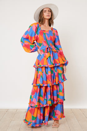 Geo Print Ruffle Sleeve Maxi Dress