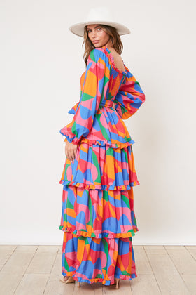 Geo Print Ruffle Sleeve Maxi Dress