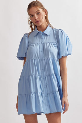 Solid Button Up Tiered Mini Dress Featuring Puff Sleeves