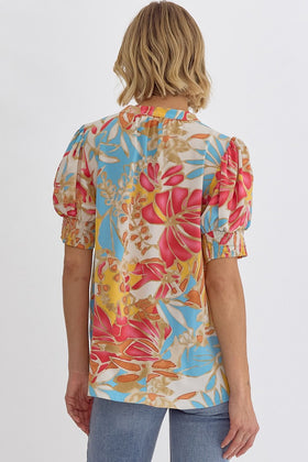 Printed V-Neck Short Sleeve Top Featuring Puff Shoulders