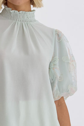 Solid Mock Neck Short Sleeve Top Featuring Embroidered Sleeves
