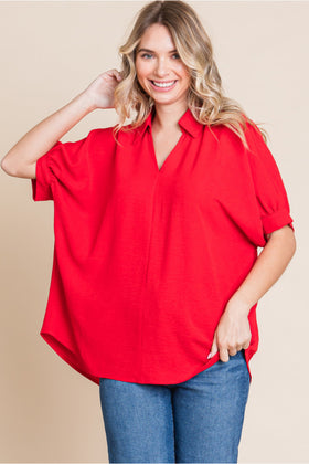 Solid Top W/Open Collared Neck Back Wrinkle Detail