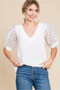 Solid Top W/V-Neck Short Puffed Sleeves Leopard Organza Fabric