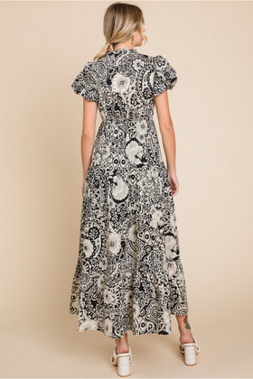 Mixed Print Midi Dress W/Frilled Slit Neck Short Puffed Sleeves, Tiered Layer