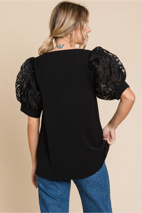 Solid Top W/V-Neck Short Puffed Sleeves Leopard Organza Fabric