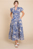 Mixed Print Midi Dress W/Frilled Slit Neck Short Puffed Sleeves, Tiered Layer
