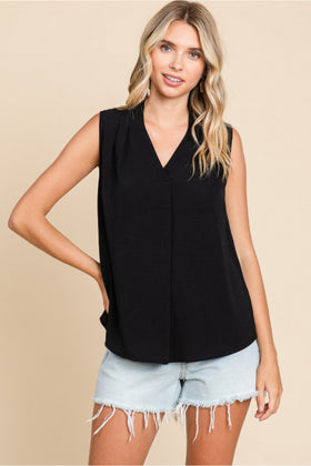 Solid Sleeveless Top W/V-neck