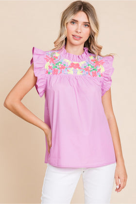Solid Top W/Frilled Neck Embroidery Yoke