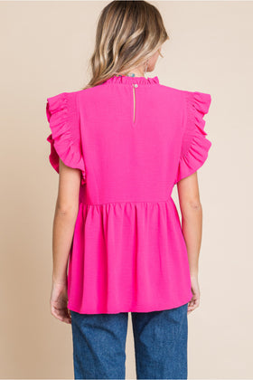 Solid Baby Doll Top W/Frilled Neck
