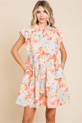 Floral Print Dress W/Frilled Neck, Back Buttoned Closure, Ruffled Shoulder, Side Pockets