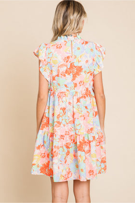 Floral Print Dress W/Frilled Neck, Back Buttoned Closure, Ruffled Shoulder, Side Pockets