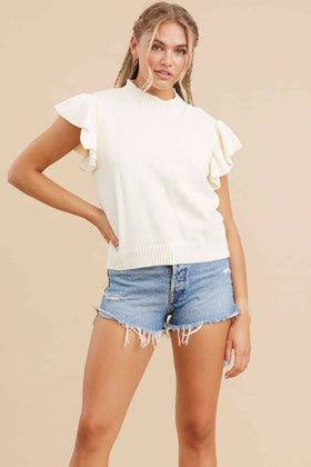 Solid Knit Top W/Crew Neck Ruffled Shoulder Ribbed Hemline