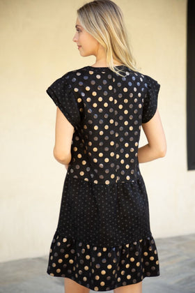 METALLIC DOTTED FAUX SUEDE TIERED DRESS
