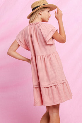 SOLID TEXTED TIERED RUFFLE WOVEN DRESS