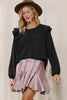 ROUND NECK LS W/RUFFLED SHOULDERS SMOCKED YOKE SOLID WOVEN TOP