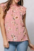 FLORAL PRINTED RUFFLE NECK BLOUSE W RUFFLE CAP SS
