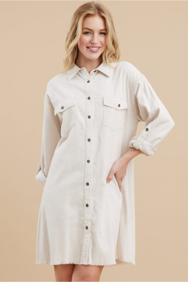 Cotton Shirt Dress W/Collared Neck