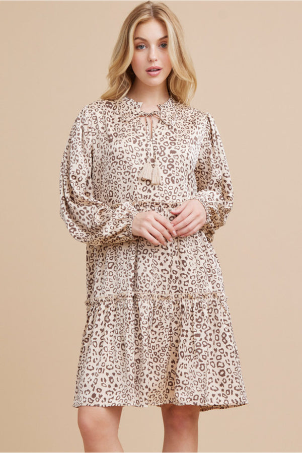 Satin Leopard Dress W/Frilled Tassel-Tie Neck