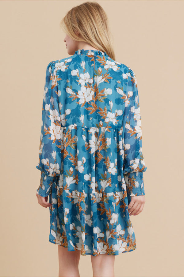 Floral Print Dress W/ Frilled Neck