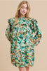 Satin Multicolor Print Tiered Dress W/Frill Mock Neckline