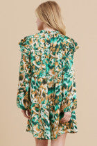Satin Multicolor Print Tiered Dress W/Frill Mock Neckline