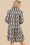 Geometric Print Dress W/Buttoned Collar Neck