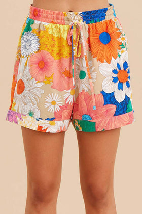 Flower Print Drawstring Shorts W/Side Pockets