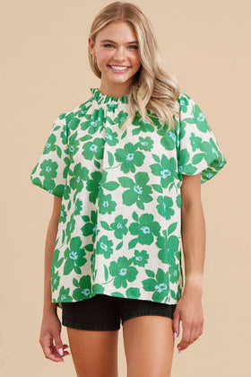 Flower Print Top W/Adjustable Frilled Neck, Short Puffed Sleeves