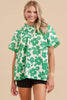 Flower Print Top W/Adjustable Frilled Neck, Short Puffed Sleeves