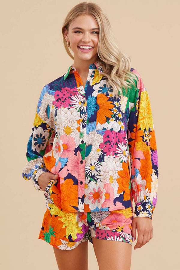 Flower Print Top Button-Up W/Collared Neck