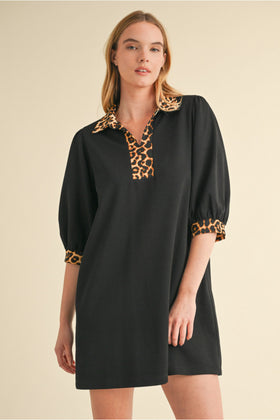 Leopard Print Sleeve Ends and Neckline Solid Dress