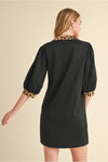 Leopard Print Sleeve Ends and Neckline Solid Dress