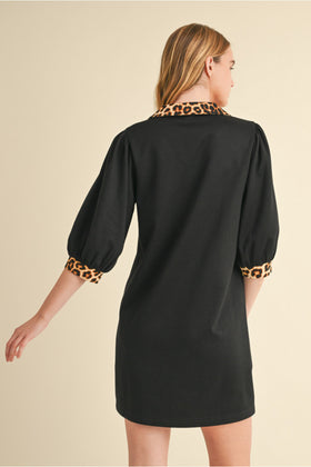 Leopard Print Sleeve Ends and Neckline Solid Dress