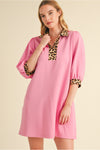 Leopard Print Sleeve Ends and Neckline Solid Dress