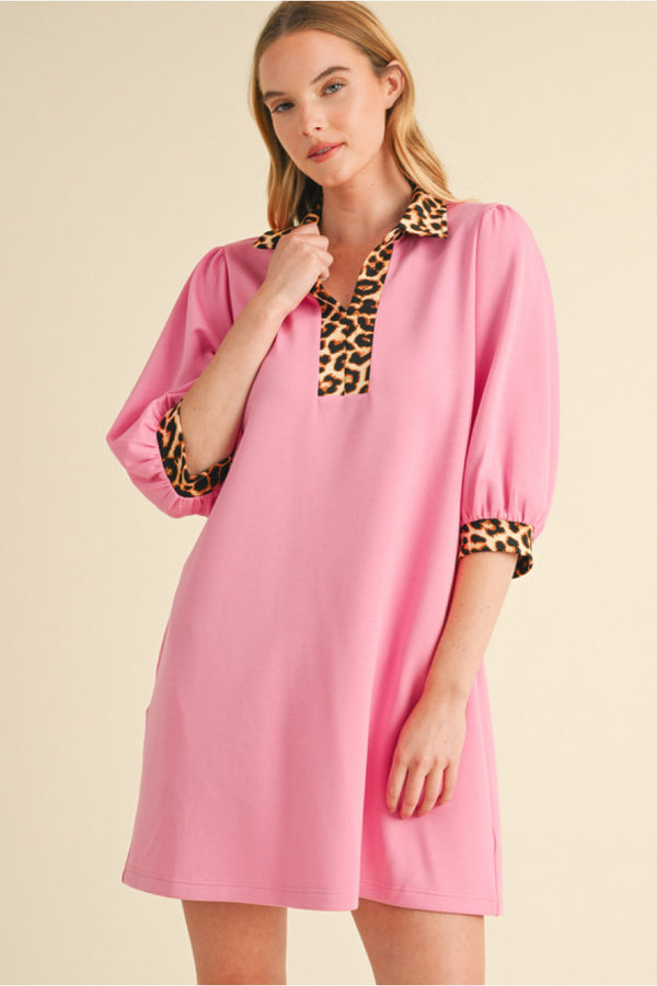 Leopard Print Sleeve Ends and Neckline Solid Dress