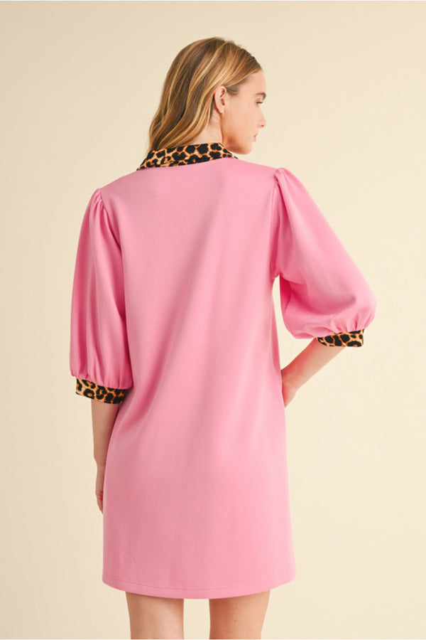 Leopard Print Sleeve Ends and Neckline Solid Dress