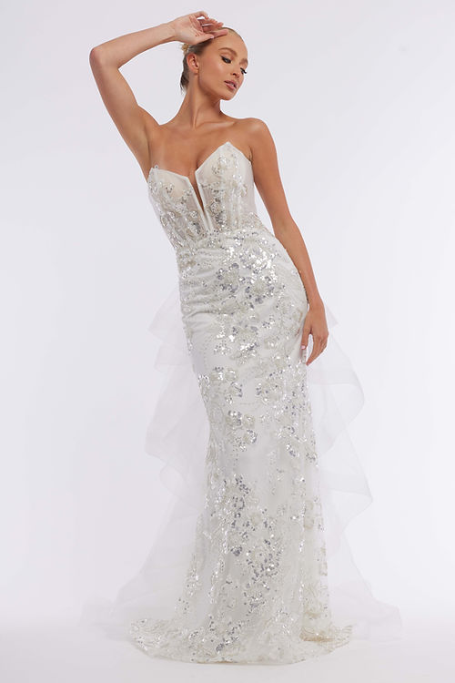 White Sequin Gown W/Removable Tulle Train