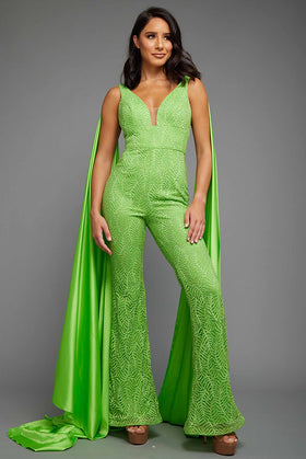 GREEN DETAILED FORMAL JUMPSUIT W/CAPE