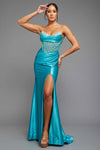 Teal Strapless Fitted Ballgown W/Glossy Look