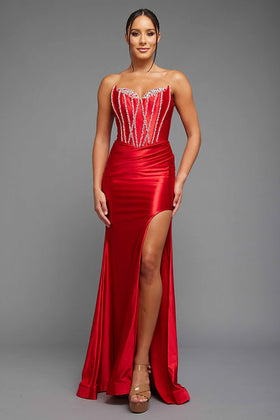Red Strapless Ballgown W/Slit on Side Skirt