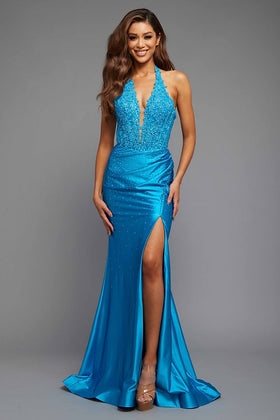 Blue Strapless Fitted Ballgown W/Glossy Look
