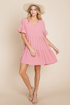 Ruffle Sleeve Tiered V Neck Dress