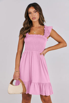 Square Neck Ruffled Shoulder Short Dress