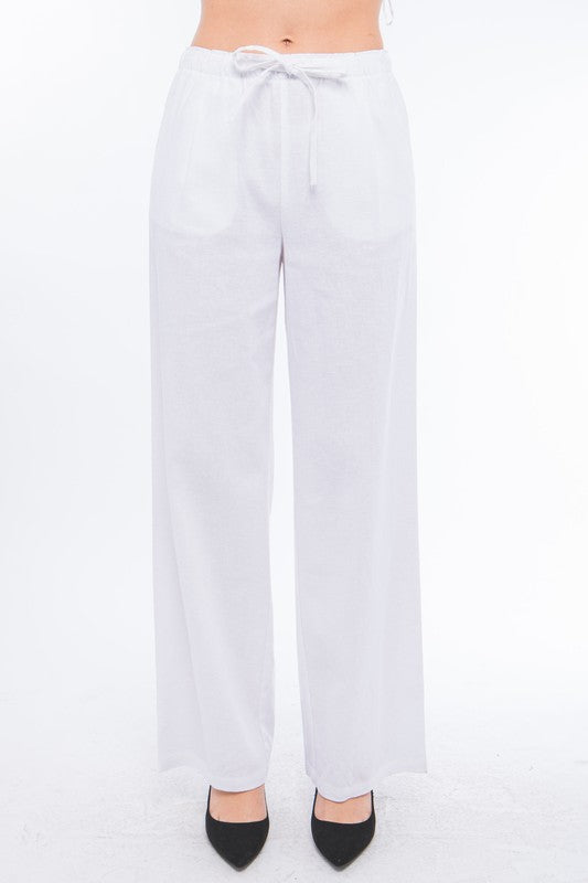 Drawstring Linen Blend Pants W/Pockets