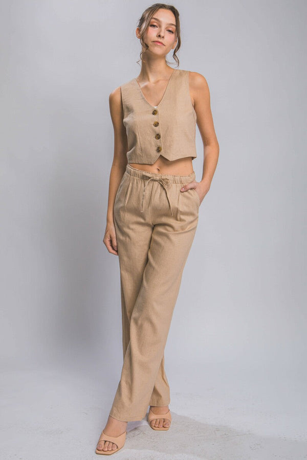 Drawstring Linen Blend Pants W/Pockets