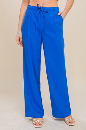 Drawstring Linen Blend Pants W/Pockets