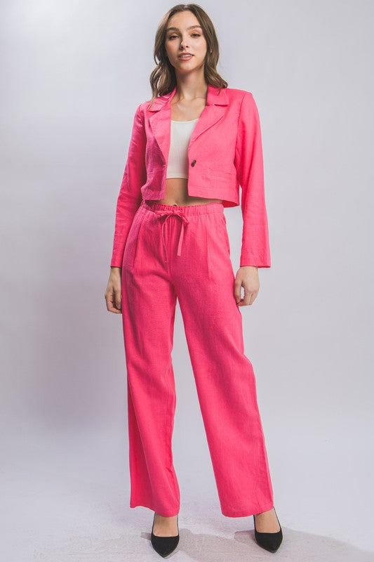 Drawstring Linen Blend Pants W/Pockets
