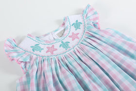 Pink and Turquoise Gingham Turtle Smocked Ruffle Romper